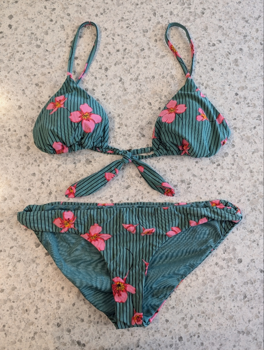 Billabong XS Seain Bikini Green Tide Pink Flower Pinstripe Triangle Bathing Suit